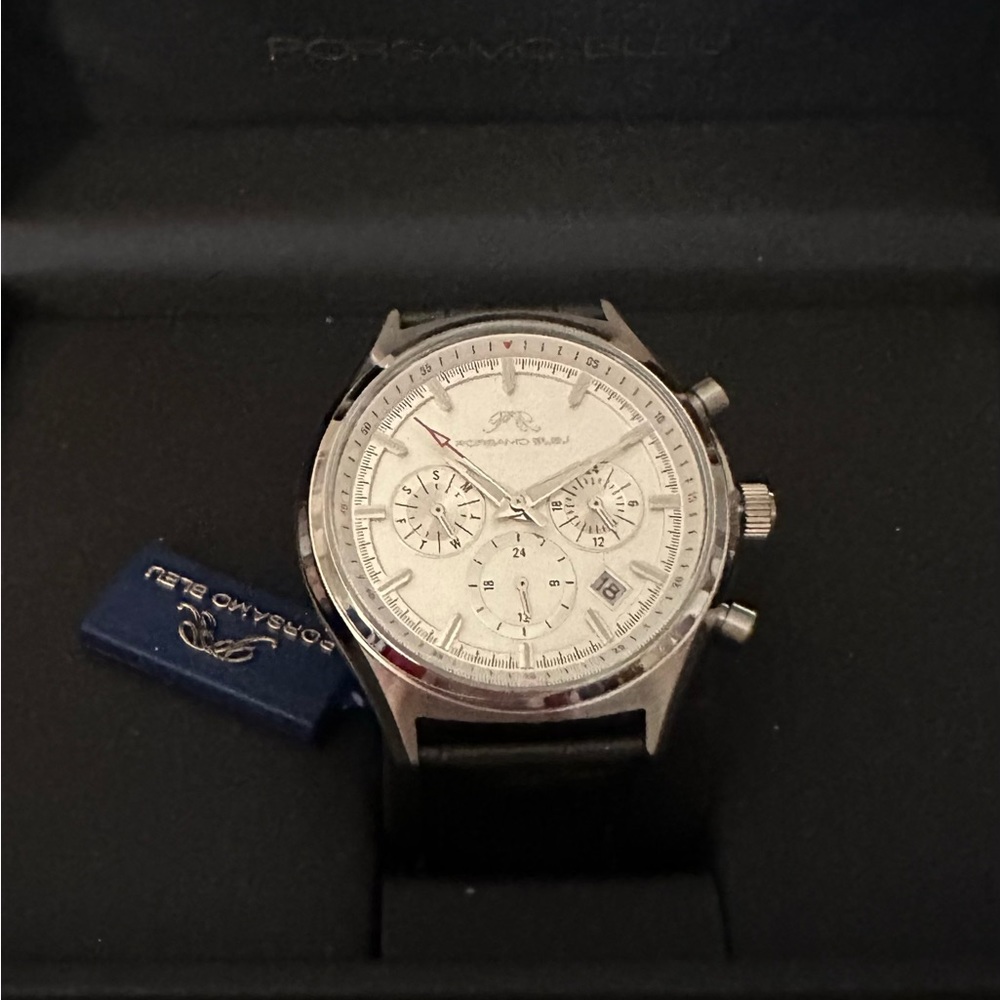 Portsmouth Bleu stainless steel “Dylan” watch with black leather band.